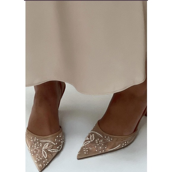 Zara Embellished Heeled Slingback Pumps Pointed Toe Beaded Floral US 8 - Picture 1 of 8
